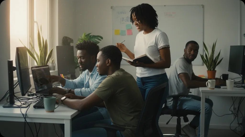 Technology professionals collaborating in a modern office