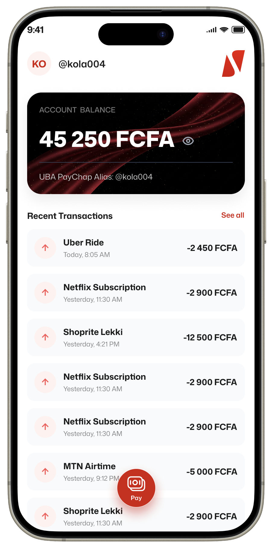 UBA PayChap app showing account balance and recent transactions